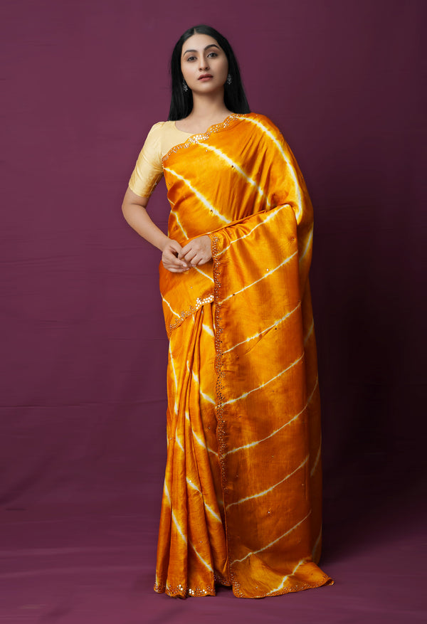 Mustard Yellow Pure Handloom Fancy Mirror Work Tussar Silk Saree-UNM72173