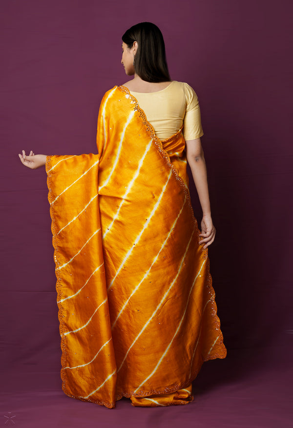 Mustard Yellow Pure Handloom Fancy Mirror Work Tussar Silk Saree-UNM72173