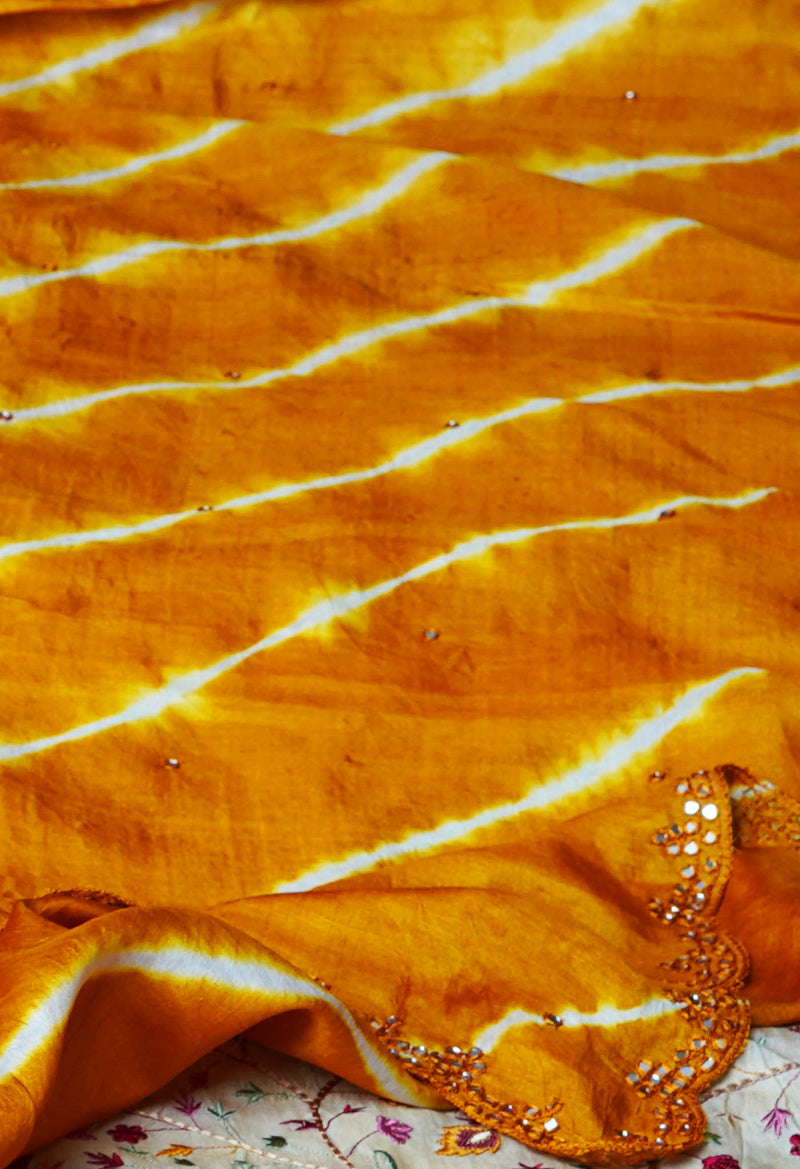 Mustard Yellow Pure Handloom Fancy Mirror Work Tussar Silk Saree-UNM72173