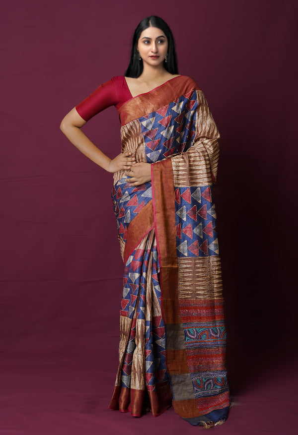 Dark Blue Pure Handloom Block Printed With Kantha Work Embroidery Bengal Tussar Silk Saree-UNM72174