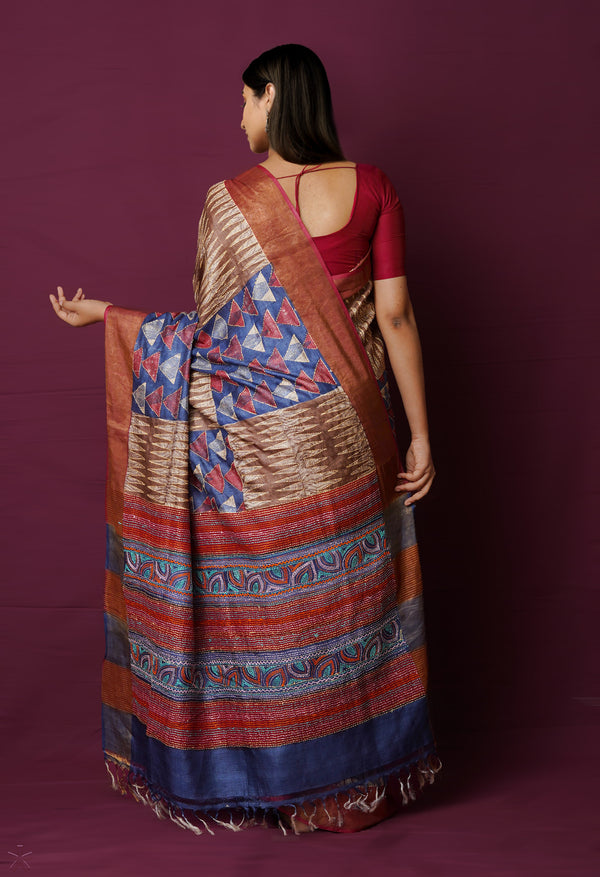 Dark Blue Pure Handloom Block Printed With Kantha Work Embroidery Bengal Tussar Silk Saree-UNM72174