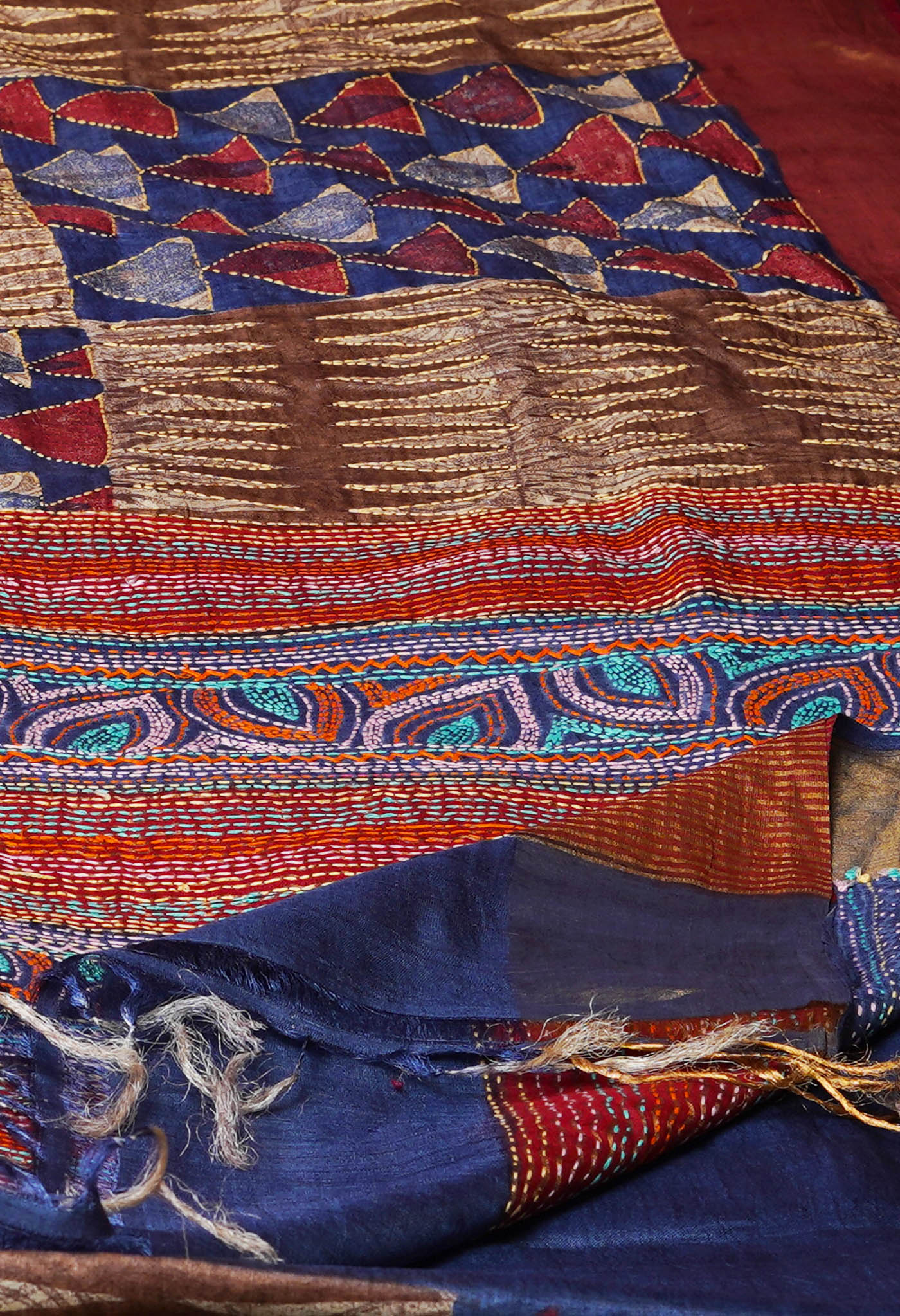 Dark Blue Pure Handloom Block Printed With Kantha Work Embroidery Bengal Tussar Silk Saree-UNM72174