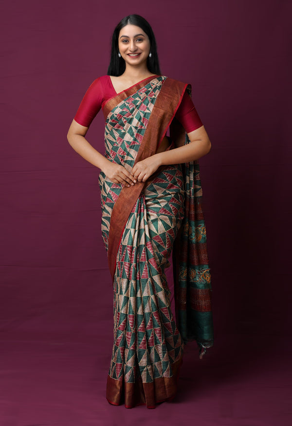 Dark Green Pure Handloom Block Printed With Kantha Work Embroidery Bengal Tussar Silk Saree-UNM72175