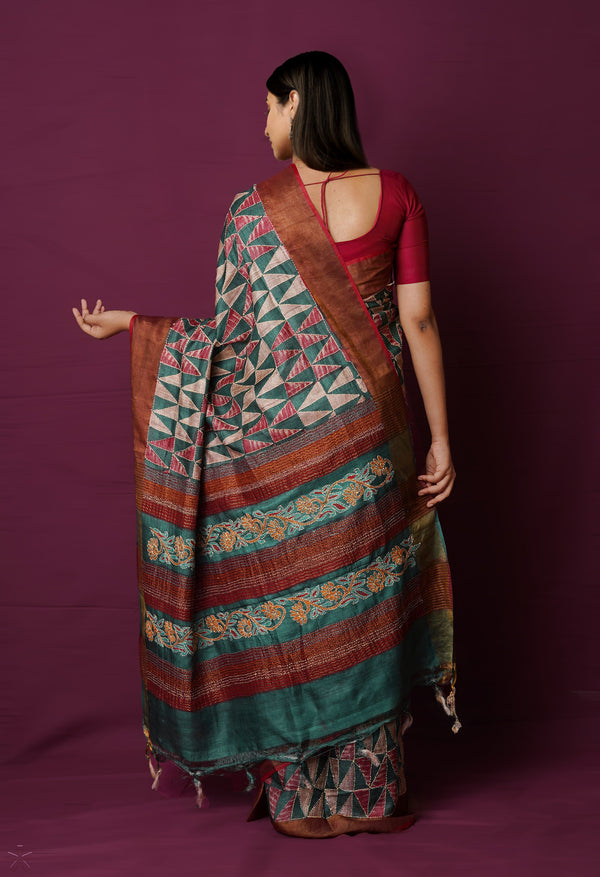 Dark Green Pure Handloom Block Printed With Kantha Work Embroidery Bengal Tussar Silk Saree-UNM72175