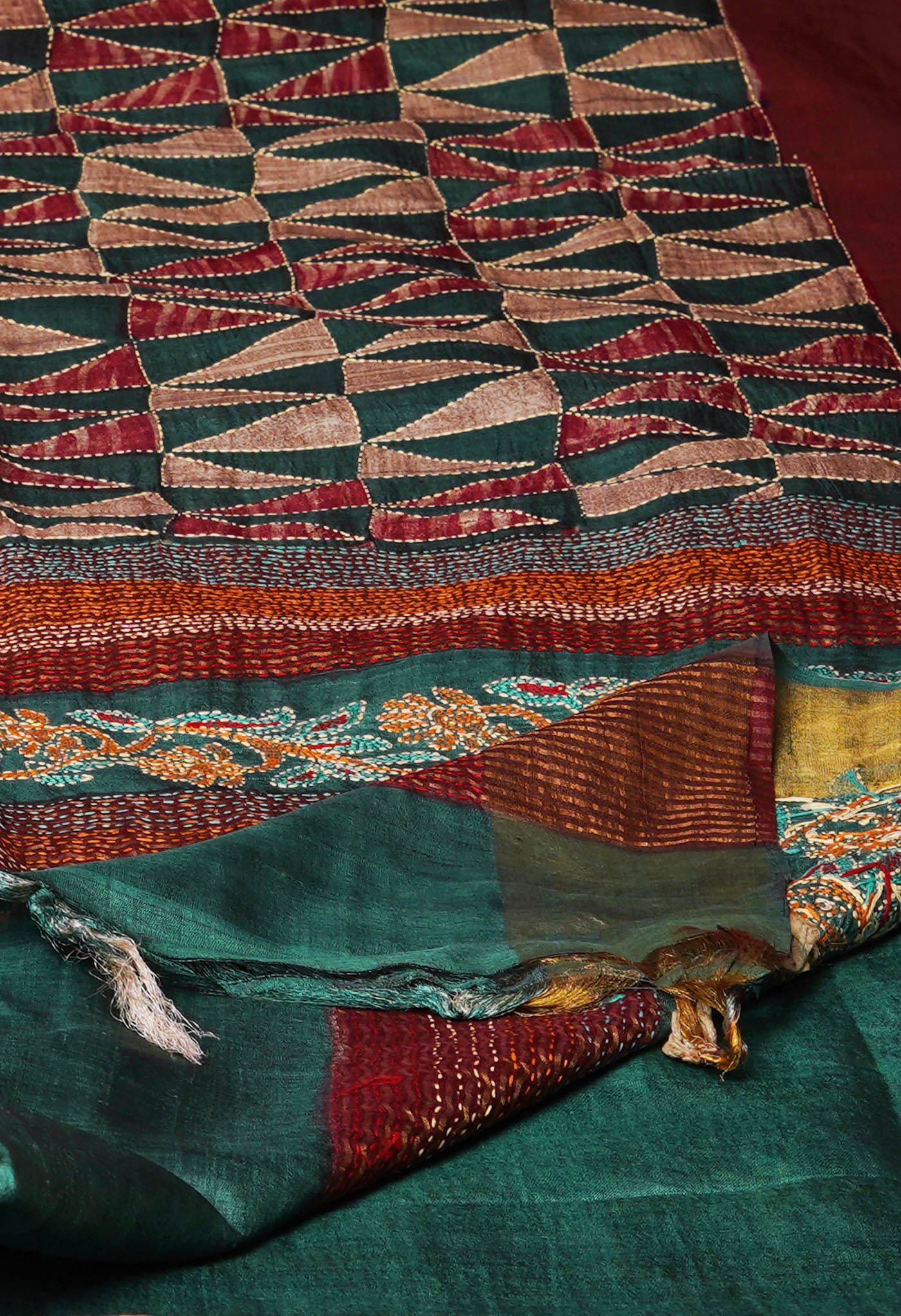Green Pure Handloom Block Printed With Kantha Work Embroidery Bengal Tussar Silk Saree