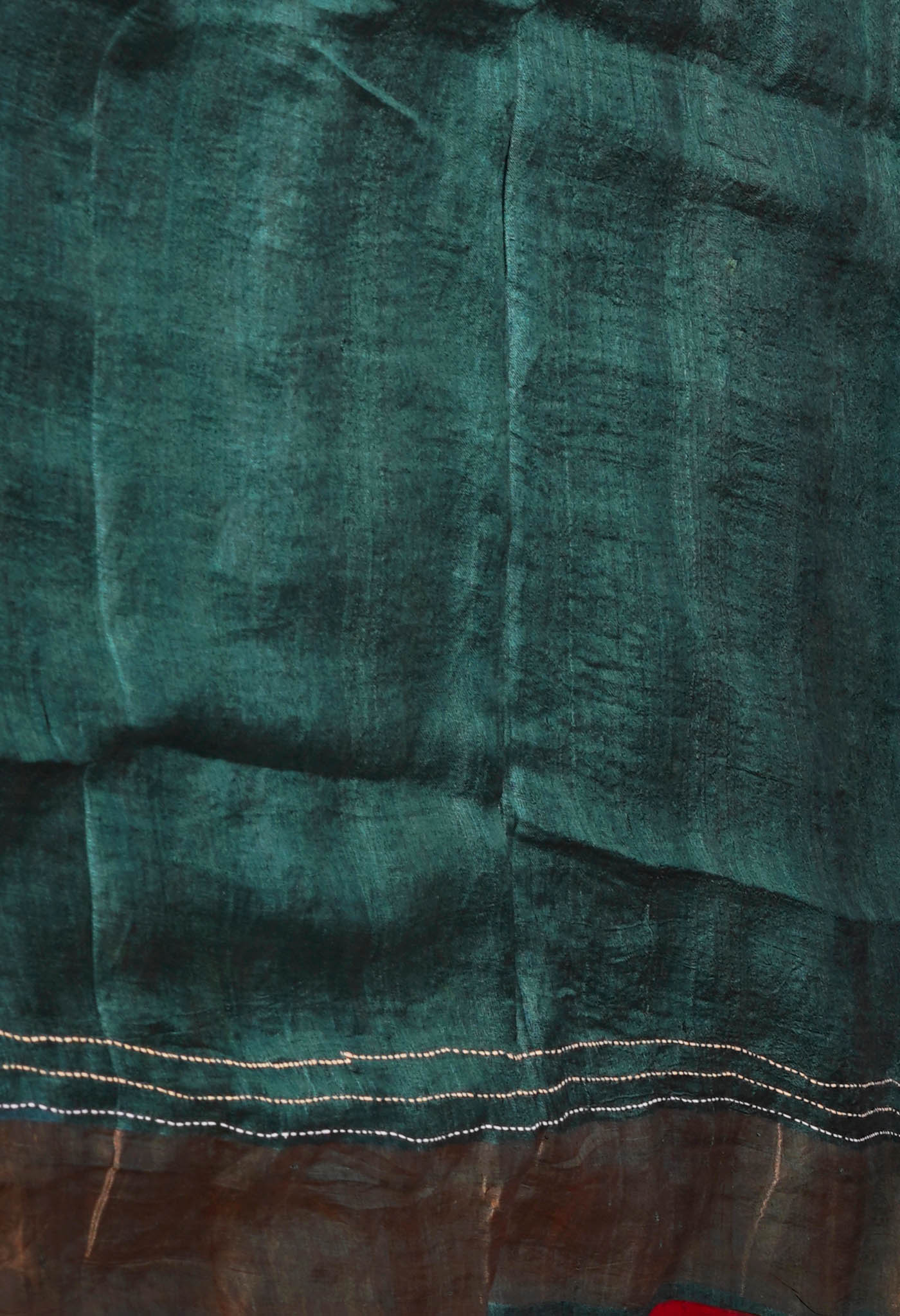 Green Pure Handloom Block Printed With Kantha Work Embroidery Bengal Tussar Silk Saree