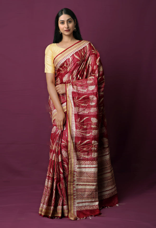 Maroon Pure Handloom Block Printed With Kantha Work Embroidery Bengal Tussar Silk Saree-UNM72176