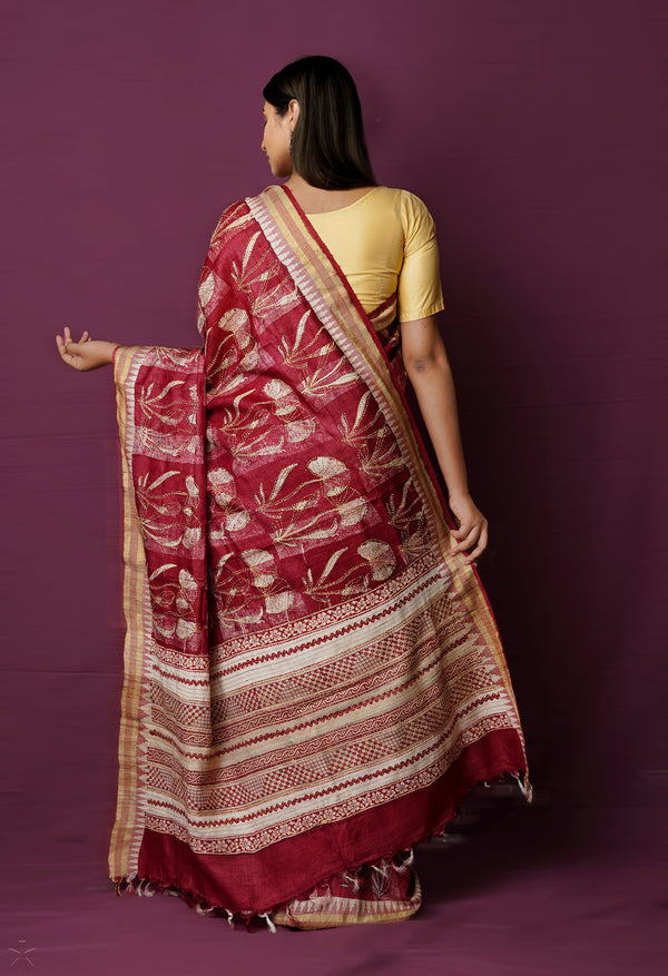 Maroon Pure Handloom Block Printed With Kantha Work Embroidery Bengal Tussar Silk Saree-UNM72176
