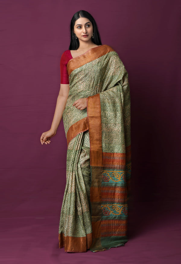 Multi Pure Handloom Block Printed With Kantha Work Embroidery Bengal Tussar Silk Saree-UNM72178