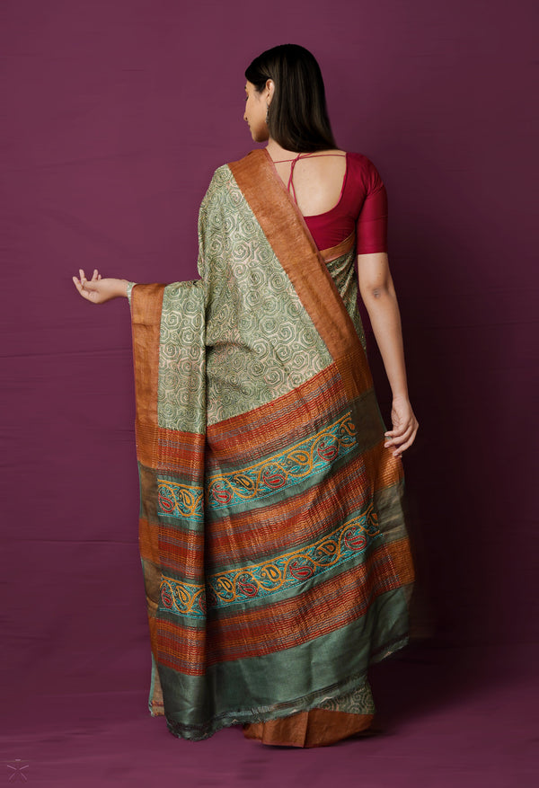 Multi Pure Handloom Block Printed With Kantha Work Embroidery Bengal Tussar Silk Saree-UNM72178