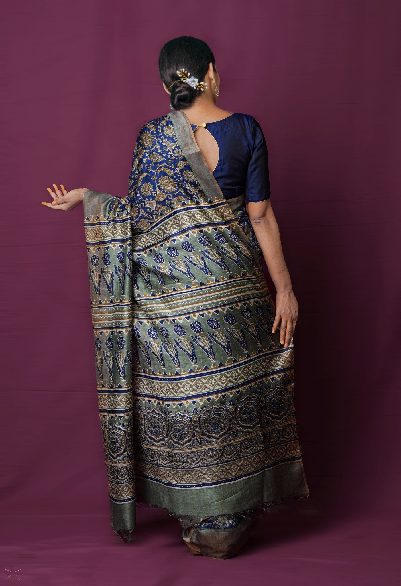 Navy Blue Pure  Block Printed Pashmina Soft Silk Saree-UNM72183