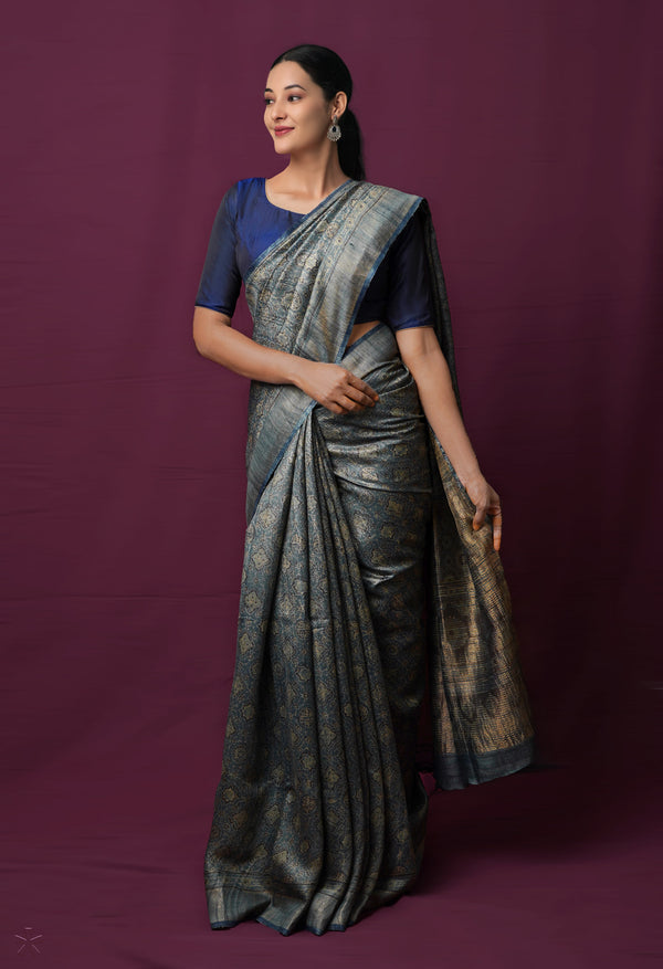 Bluish Grey Pure Handloom Block Printed  Bengal Tussar Silk Saree-UNM72197