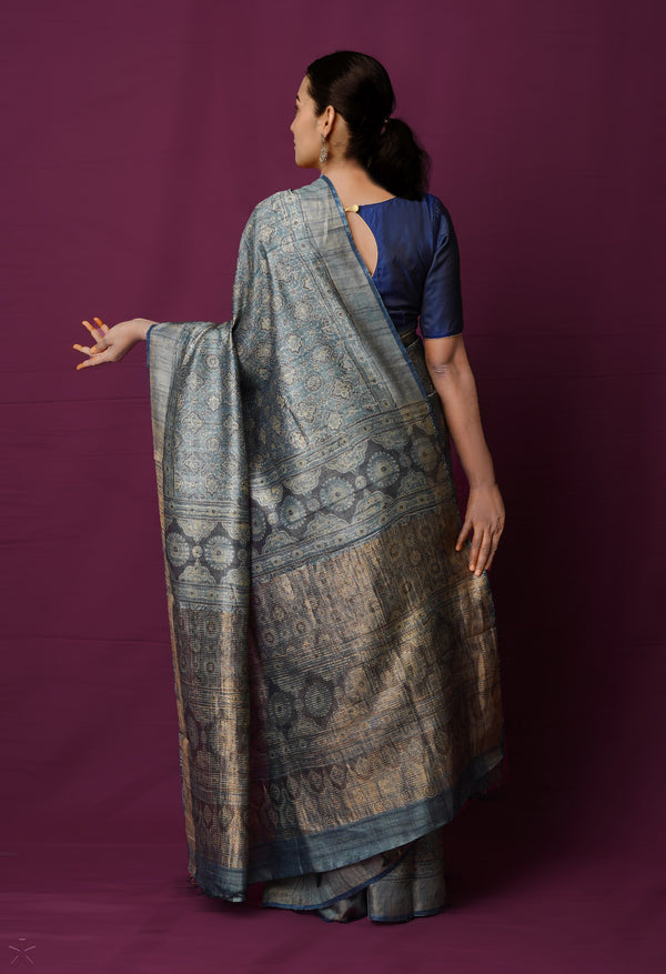 Bluish Grey Pure Handloom Block Printed  Bengal Tussar Silk Saree-UNM72197