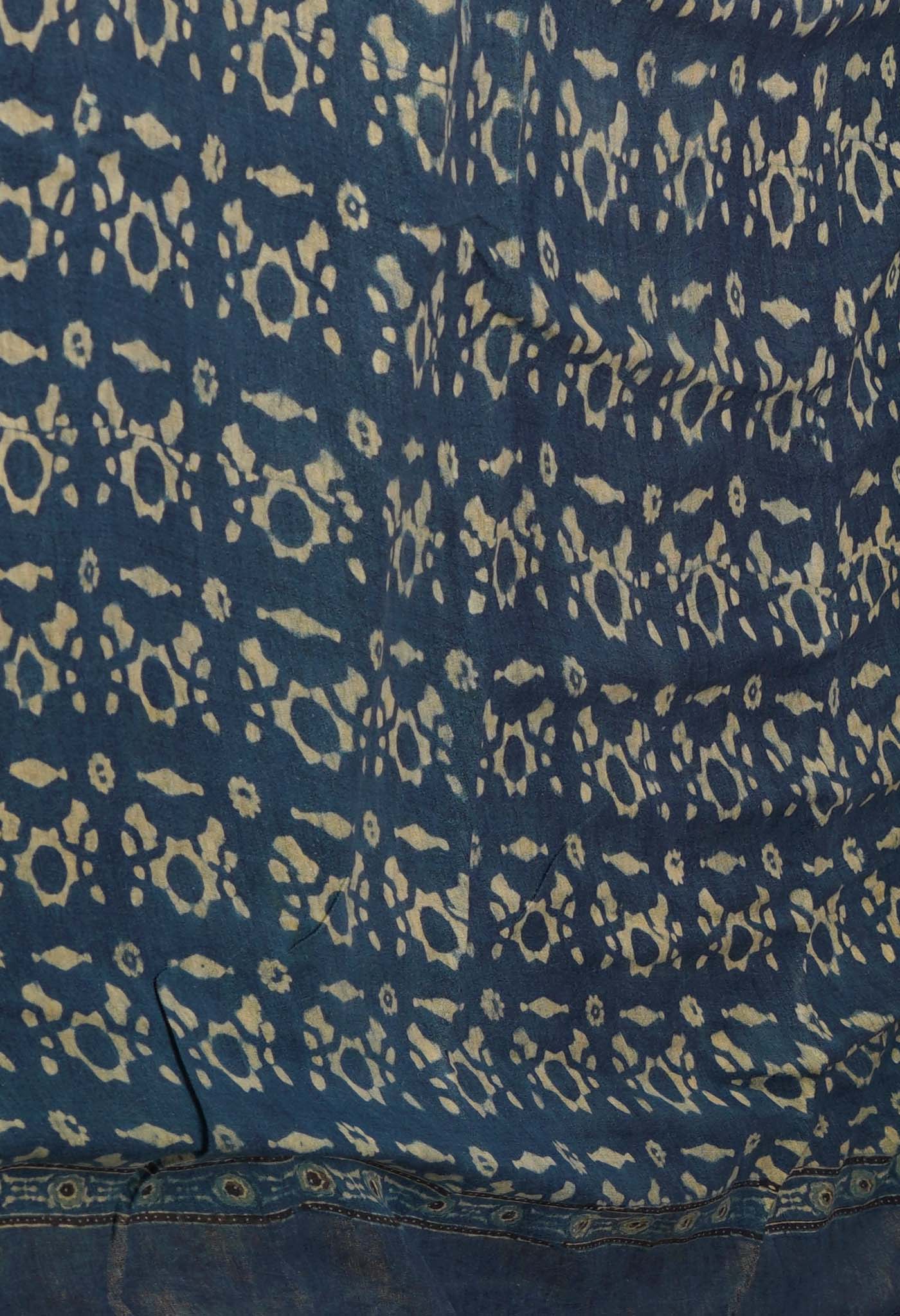 Bluish Grey Pure Handloom Block Printed  Bengal Tussar Silk Saree-UNM72197