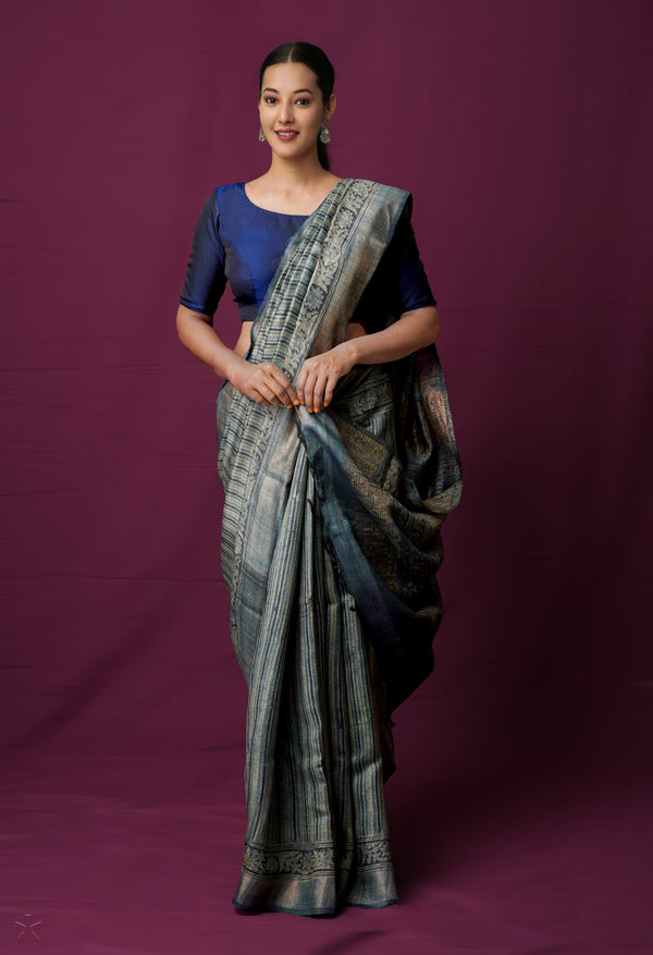 Multi Pure Handloom Block Printed  Bengal Tussar Silk Saree-UNM72198