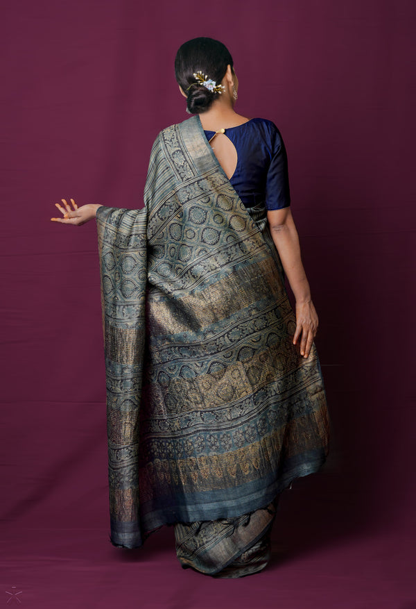 Multi Pure Handloom Block Printed  Bengal Tussar Silk Saree-UNM72198