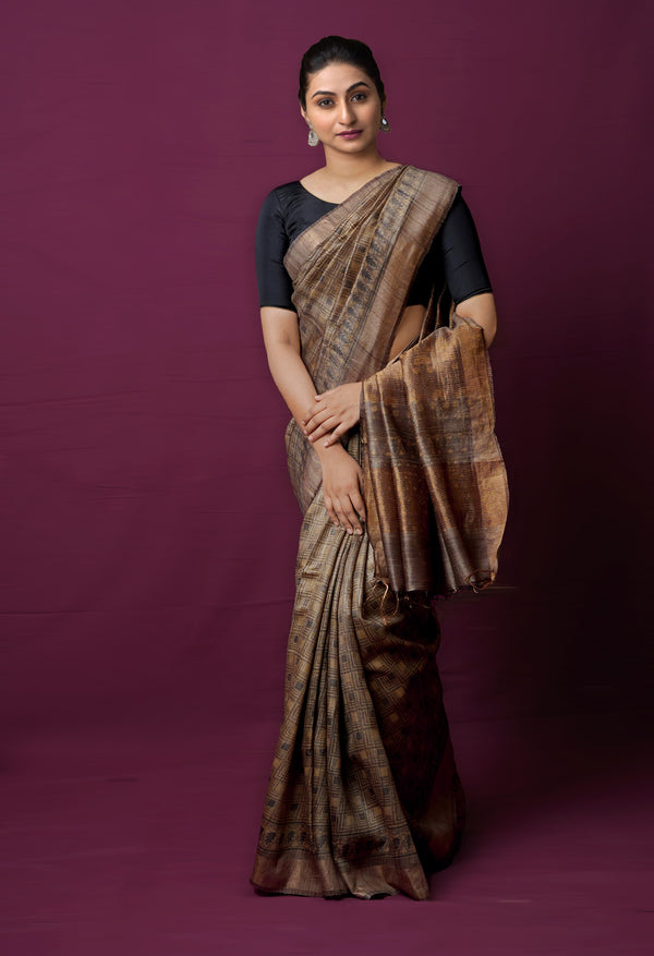 Cream Pure Handloom Block Printed  Bengal Tussar Silk Saree-UNM72199