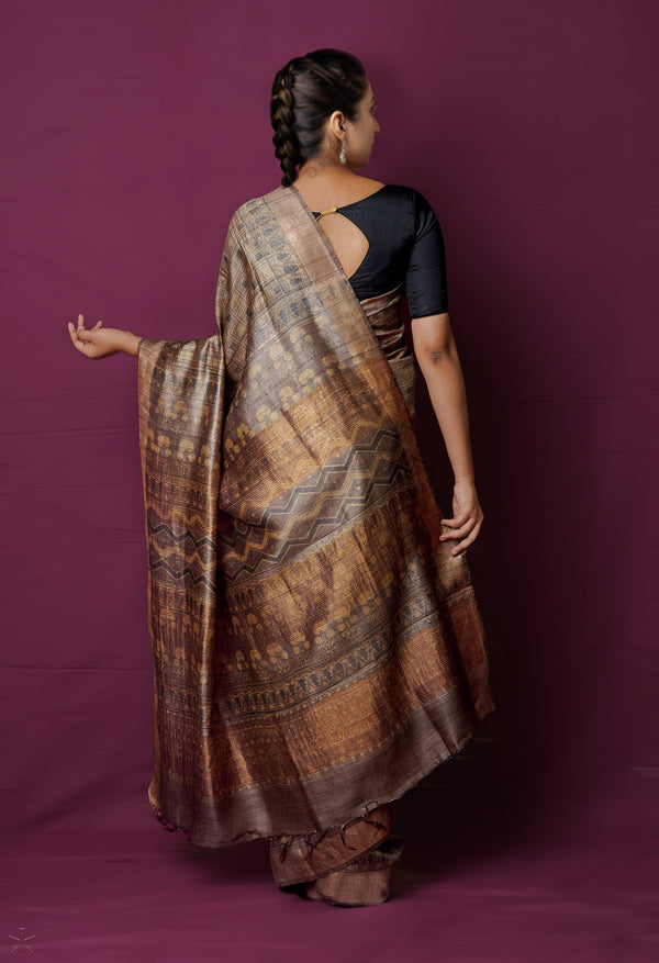 Cream Pure Handloom Block Printed  Bengal Tussar Silk Saree-UNM72199