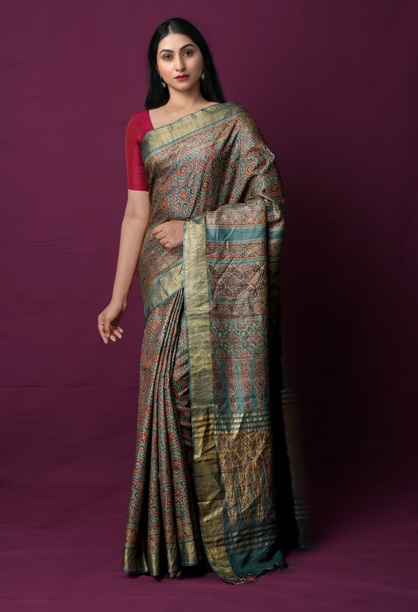 Light Blue Pure Handloom Block Printed  Bengal Tussar Silk Saree-UNM72201