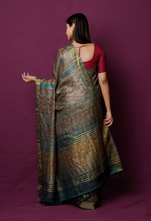 Light Blue Pure Handloom Block Printed  Bengal Tussar Silk Saree-UNM72201