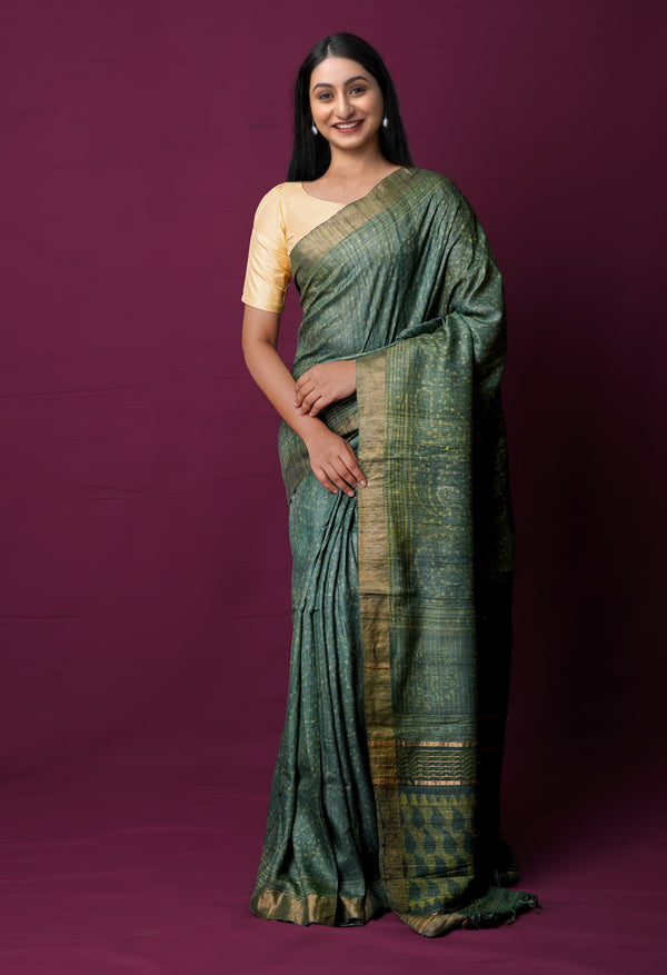 Green Pure Handloom Block Printed  Bengal Tussar Silk Saree-UNM72202