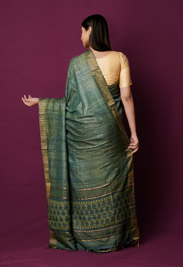 Green Pure Handloom Block Printed  Bengal Tussar Silk Saree-UNM72202
