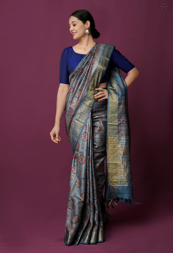 Bluish Grey Pure Handloom Block Printed  Bengal Tussar Silk Saree-UNM72203