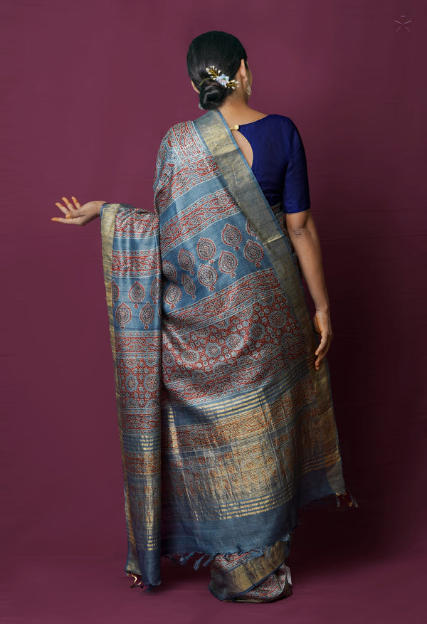 Bluish Grey Pure Handloom Block Printed  Bengal Tussar Silk Saree-UNM72203