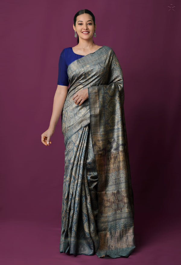 Grey Pure Handloom Block Printed  Bengal Tussar Silk Saree-UNM72204