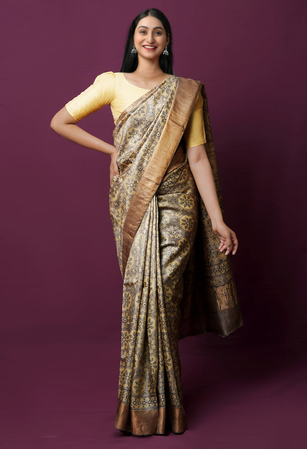 Beige Pure Handloom Block Printed  Bengal Tussar Silk Saree-UNM72206