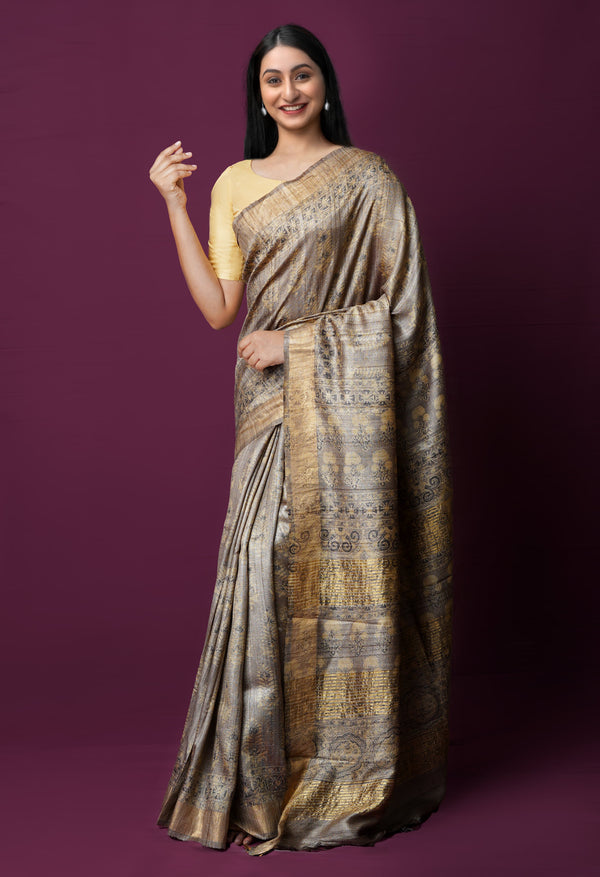 Cream Pure Handloom Block Printed  Bengal Tussar Silk Saree-UNM72207