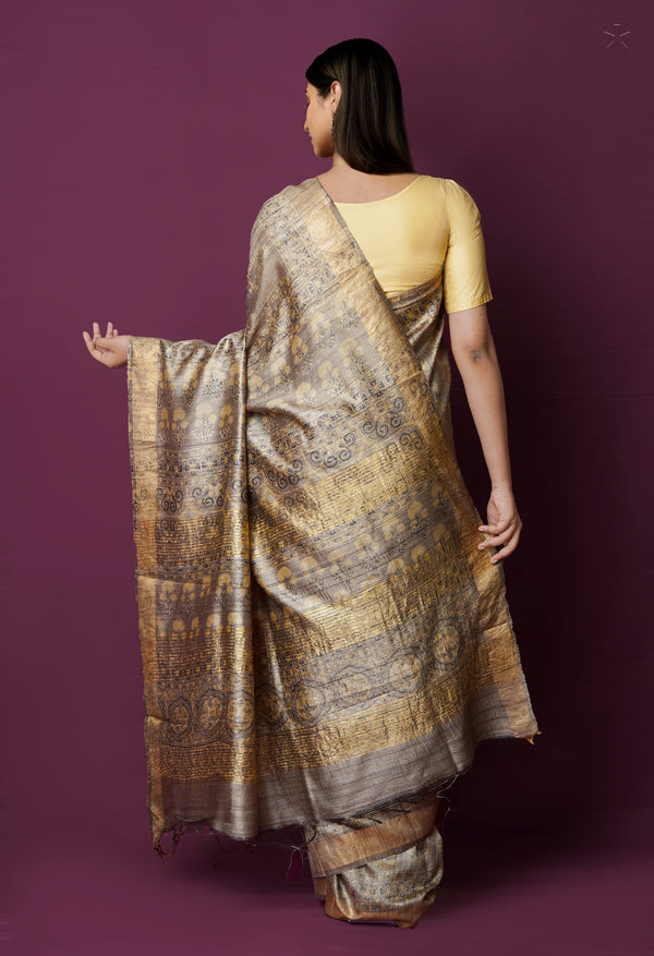 Cream Pure Handloom Block Printed  Bengal Tussar Silk Saree-UNM72207