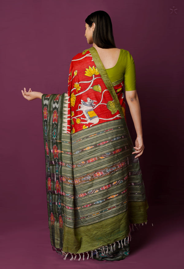 Red Pure Handloom Pen Kalamkari Painting Gicha Tussar Jute Saree-UNM72208