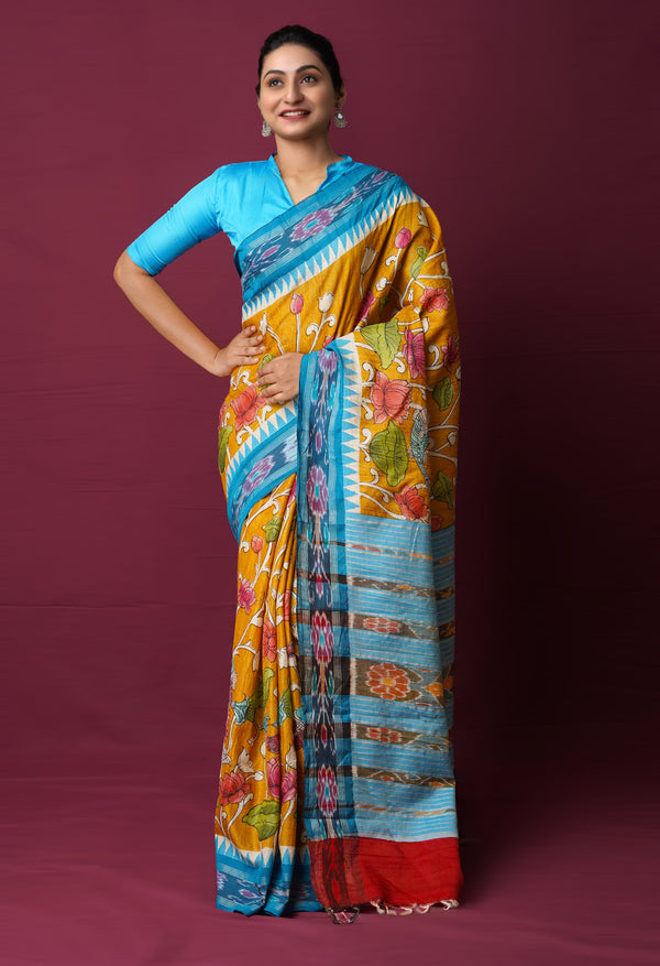 Mustard Yellow Pure Handloom Pen Kalamkari Painting Gicha Tussar Jute Saree-UNM72209