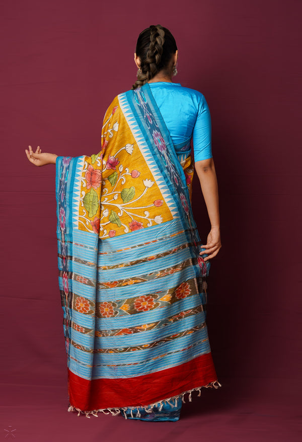 Mustard Yellow Pure Handloom Pen Kalamkari Painting Gicha Tussar Jute Saree-UNM72209