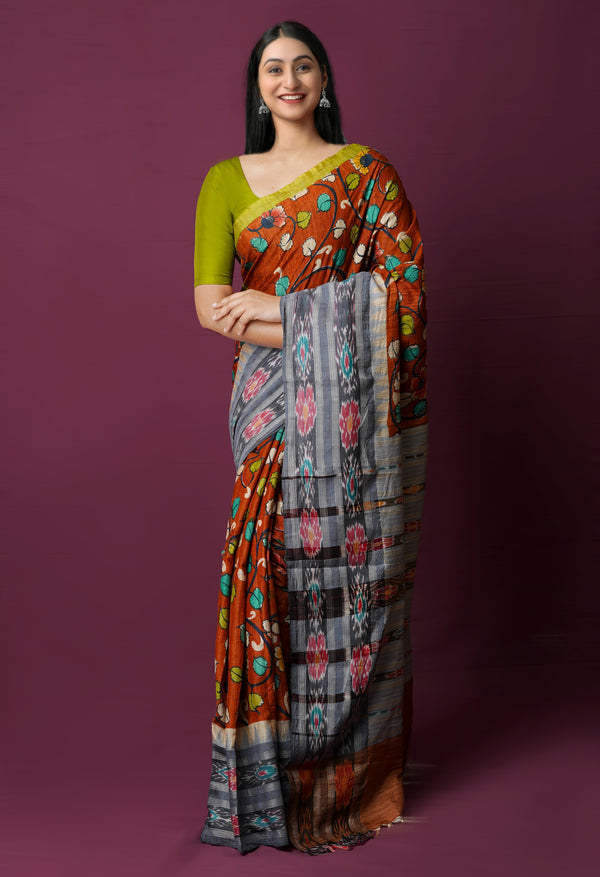 Rust Orange Pure Handloom Pen Kalamkari Painting Gicha Tussar Jute Saree-UNM72210