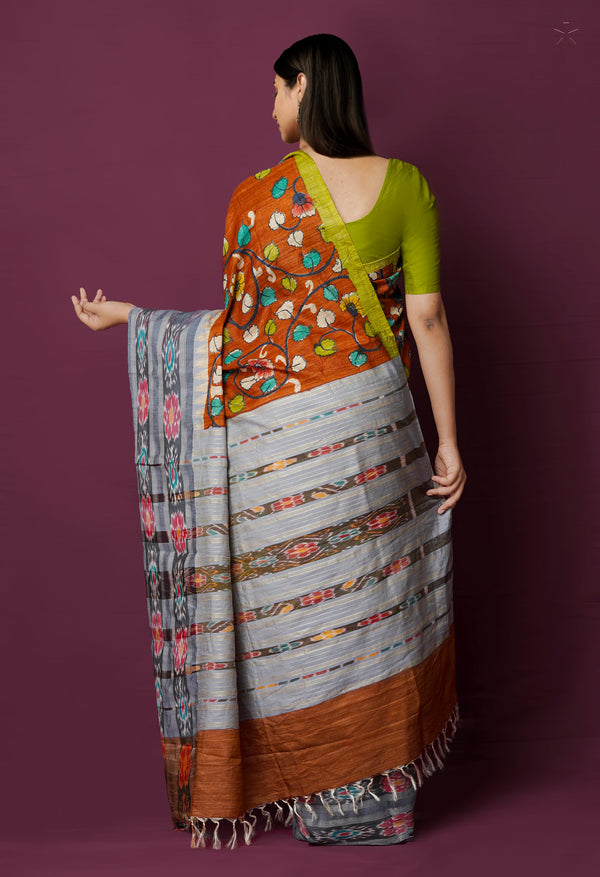 Rust Orange Pure Handloom Pen Kalamkari Painting Gicha Tussar Jute Saree-UNM72210