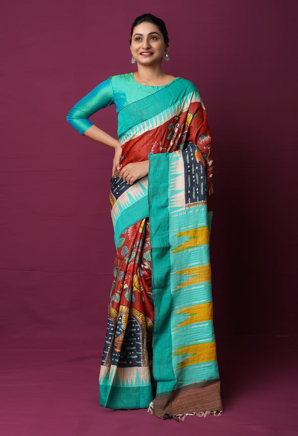 Dark Red Brown Pure Handloom Pen Kalamkari Painting Gicha Tussar Jute Saree-UNM72211