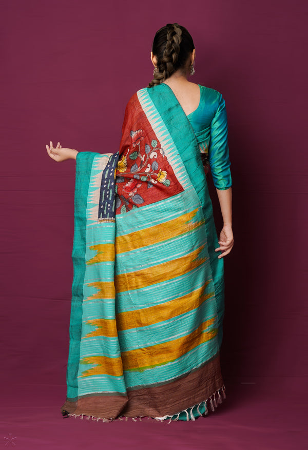 Dark Red Brown Pure Handloom Pen Kalamkari Painting Gicha Tussar Jute Saree-UNM72211