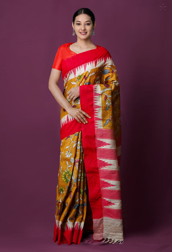 Mustard Yellow Pure Handloom Pen Kalamkari Painting Gicha Tussar Jute Saree-UNM72212