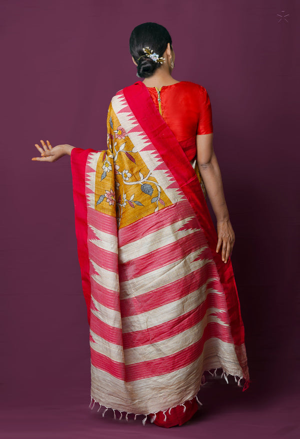 Mustard Yellow Pure Handloom Pen Kalamkari Painting Gicha Tussar Jute Saree-UNM72212