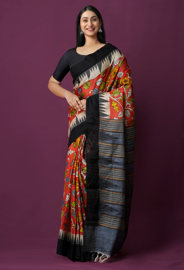 Peach Red Pure Handloom Pen Kalamkari Painting Gicha Tussar Jute Saree-UNM72213