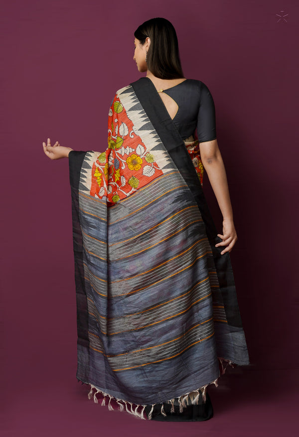 Peach Red Pure Handloom Pen Kalamkari Painting Gicha Tussar Jute Saree-UNM72213
