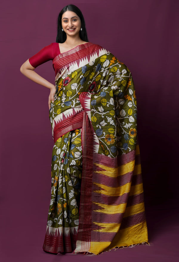 Olive Green Pure Handloom Pen Kalamkari Painting Gicha Tussar Jute Saree-UNM72214