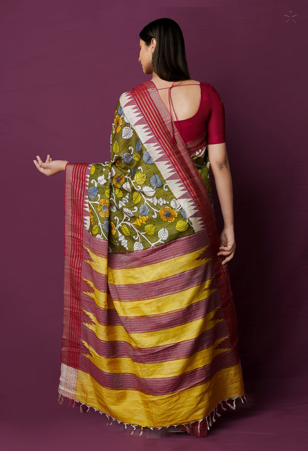 Olive Green Pure Handloom Pen Kalamkari Painting Gicha Tussar Jute Saree-UNM72214