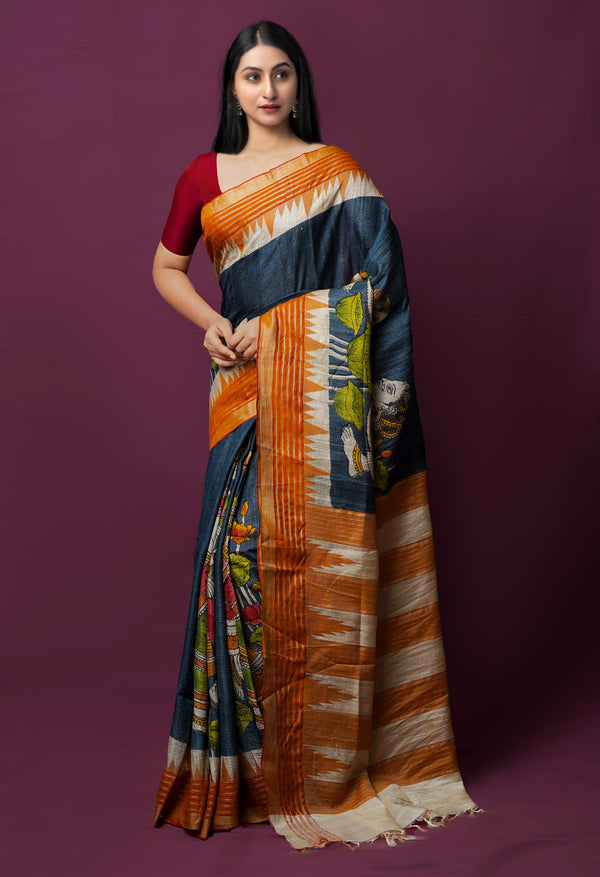 Pewter Grey Pure Handloom Pen Kalamkari Painting Gicha Tussar Jute Saree-UNM72215