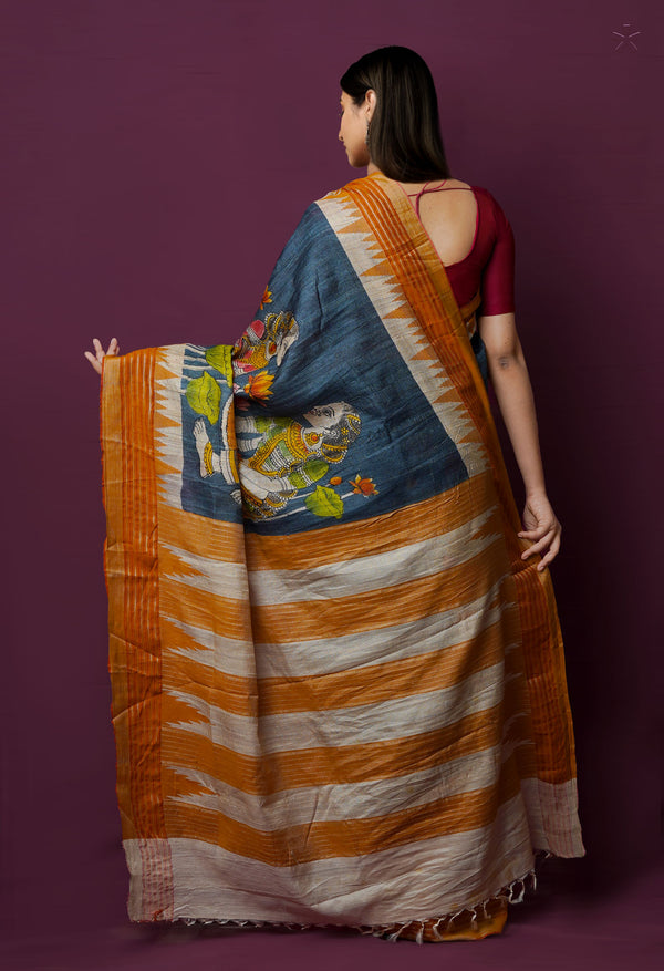 Pewter Grey Pure Handloom Pen Kalamkari Painting Gicha Tussar Jute Saree-UNM72215