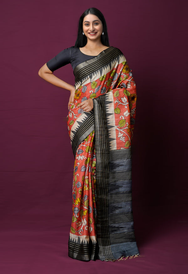 Peach Red Pure Handloom Pen Kalamkari Painting Gicha Tussar Jute Saree-UNM72216