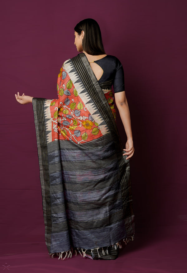Peach Red Pure Handloom Pen Kalamkari Painting Gicha Tussar Jute Saree-UNM72216