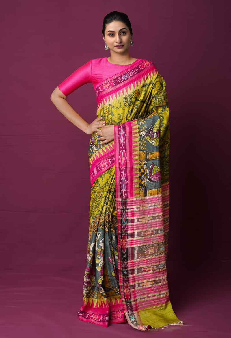 Light GreenDark Green Pure Handloom Pen Kalamkari Painting Gicha Tussar Jute Saree-UNM72226